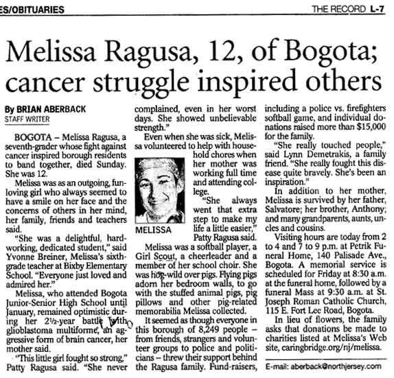 Documents Obituary For Melissa Ragusa Bergen Record March 1 2005 Roni Jerry S Genealogy And Family History